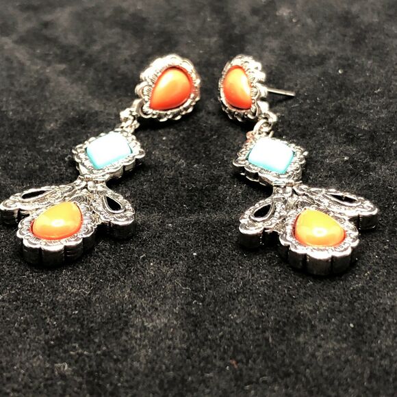 Silver Tone Southwestern Style Dangle Pierced Earrings Coral Turquoise Colored - Picture 2 of 3